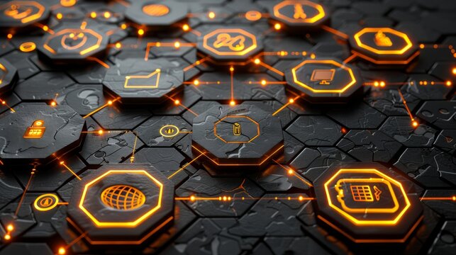 A hexagonal grid showcases various glowing icons representing digital connections and technology. The intricate layout features symbols for communication, data, and devices in a striking design.