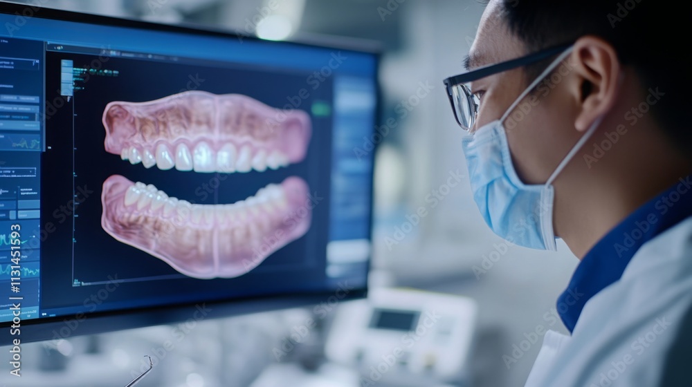 Poster a dental professional analyzes a detailed digital model of teeth on a computer screen in a modern cl