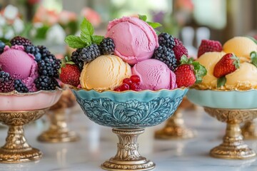 Colorful ice cream scoops are garnished with fresh berries and mint, served in ornate bowls, creating a delightful summer treat