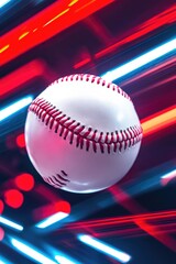 A baseball soaring through the air amidst blurry lighting, ideal for sports-related or nighttime-themed projects