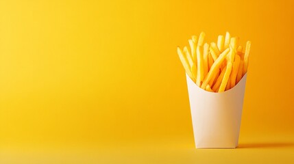Fries in a White Container on Yellow Background