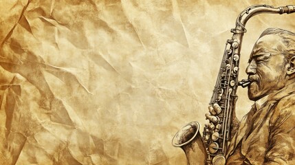 Vintage jazz musician playing saxophone on aged paper background.