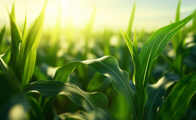 Obraz premium Close-up of fresh green corn plants in a sunlit field, showcasing vibrant leaves and a healthy agricultural setting.