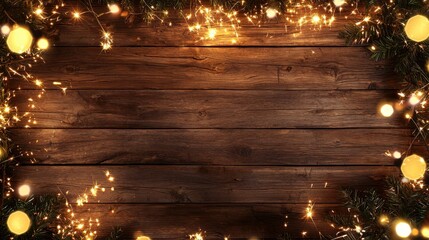 Obraz premium Frame of lights bokeh golden flares and sparkler isolated on rustic brown wooden texture - Holiday New Year's Eve Silvester New Year Party festive background banner greeting card