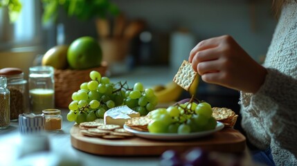 Woman eating crackers with cheese and grapes in a kitchen.