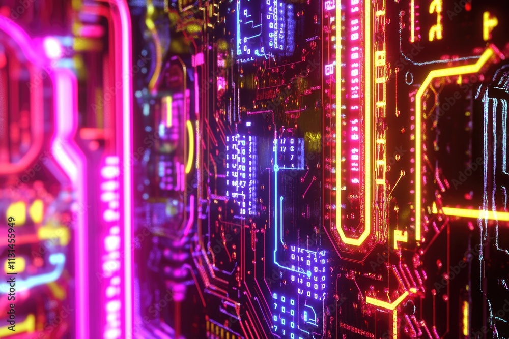 Poster a close-up shot of a circuit board with glowing neon lights, ideal for use in tech-related projects 