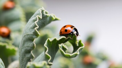 A beautiful ladybug on a leaf on a blurred background. The ladybug is bright red with black spots. There are a few more ladybugs on the leaves in the background, but they are blurred.