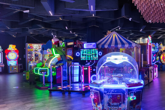 Sofia, Bulgaria - December 11, 2024: Fun video games arcade for kids and adults. High quality FullHD footage