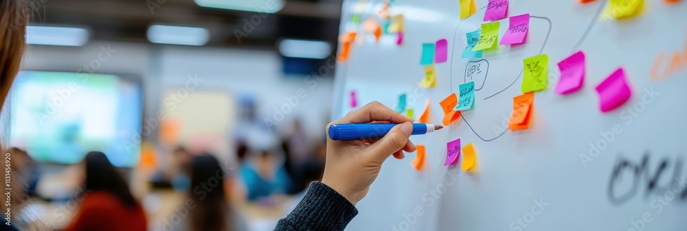 Poster during a vibrant planning session, a focused individual writes notes on a whiteboard filled with col