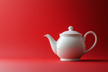Classic white teapot on a vibrant red background, representing teatime, elegance, and simplicity