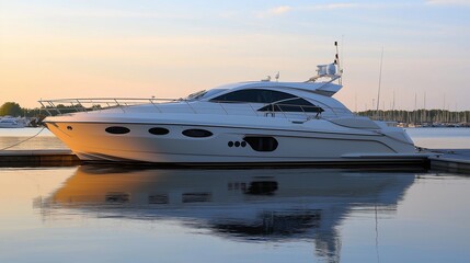 luxury yacht docked at a marina, with elegant design details, chrome accents, and the surrounding calm water reflecting its sleek lines