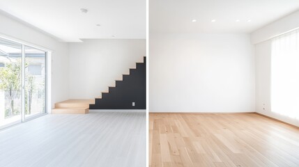 Fototapeta premium Modern minimalist interior design featuring a light wooden floor, bright white walls, and a contrasting black accent wall, creating a stylish and inviting atmosphere