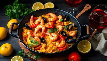 A vibrant pan of traditional Spanish paella with saffron-infused rice, shrimp, mussels, chicken, chorizo, and colorful bell peppers. Garnished with lemon wedges and parsley. Set on a rustic background