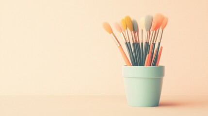 Pastel-colored paintbrushes in a light teal pot on a peach background.