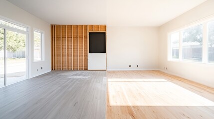 Fototapeta premium Spacious Living Room with Natural Light Showcasing Contrasting Flooring and Wall Finishes in a Modern and Minimalist Style Design Aesthetic