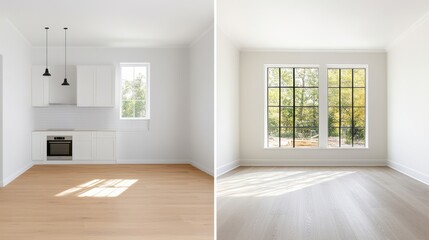 Fototapeta premium Bright and Spacious Modern Interior with Minimalist Design and Large Windows for a Cozy Living Environment in a Contemporary Home