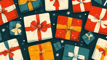 Fototapeta premium Pattern of wrapped Christmas gifts with bows and ribbons in various sizes and colors