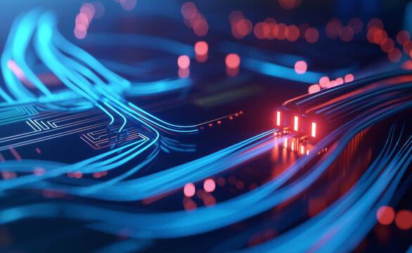 Digital neon circuit paths: Glowing neon-blue and red digital pathways on a futuristic circuit board, symbolizing data flow and modern technology.