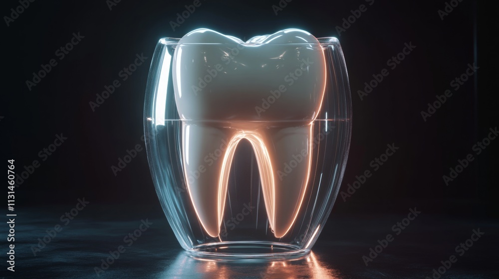 Aufkleber a large, glossy tooth rests inside a transparent glass container, illuminated by a soft glow. this v