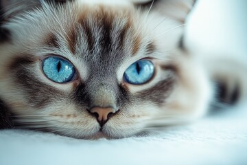 A close-up shot of a cat's face with bright blue eyes, perfect for use in pet-related or wildlife-themed projects