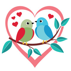 Obraz premium two lovebirds sitting heart shaped branch vector illustration