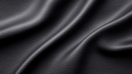 Naklejka premium Detailed Close-Up of Textured Black Leather Fabric with Soft Ripples and Natural Shine for Fashion, Design and Artistic Projects