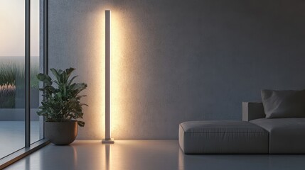 Fototapeta premium Modern Thin Rectangular LED Floor Lamp in Cozy Setting