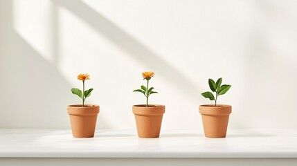 Fototapeta premium Three Potted Plants on a Minimalist Table