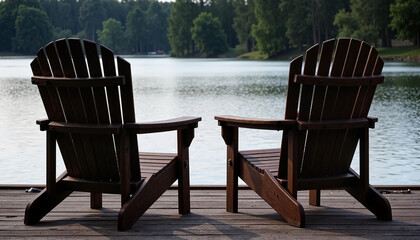 Adirondack chairs facing a peaceful forest lake.