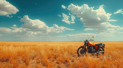 Naklejka premium A red motorcycle sits in a field of tall grass under a bright blue sky.