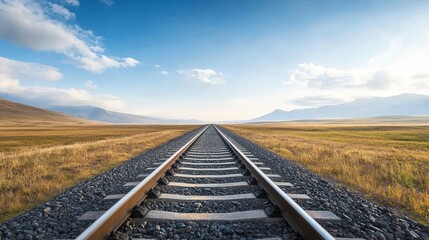 Obraz premium Serene Perspective of a Train Track Extending into the Horizon Under a Vast Sky with Soft Clouds and Rolling Mountains in the Background of an Open Landscape
