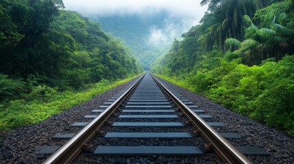 Fototapeta premium Serene Train Tracks Stretching Through Lush Green Jungle Landscape Amidst Fog and Misty Mountains in a Quiet and Peaceful Environment