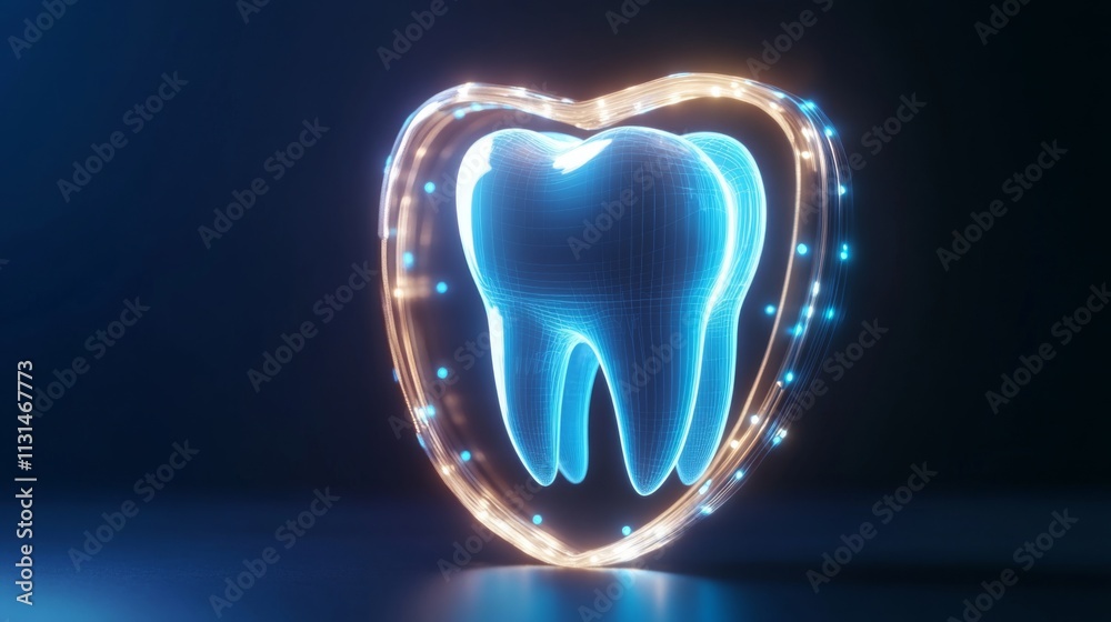 Poster the visual showcases a futuristic depiction of a tooth outlined by a glowing heart shape, symbolizin