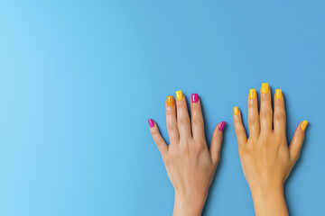 Colorful hands with vibrant nail polish against blue background create lively and artistic composition. playful arrangement showcases creativity and style