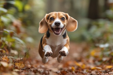 A beagle dog running through the leaves in the woods