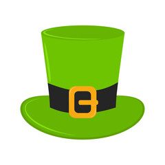 Green leprechaun hat in cartoon style. St. Patrick's day design element isolated on white background. Hand drawn symbol or icon for St Patrick Day holiday design. Colored flat vector illustration
