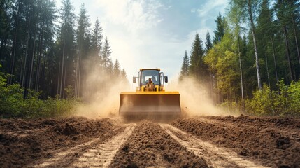 Fototapeta premium Heavy machinery working on a construction site in a forest clearing, creating dust and transforming the landscape under a blue sky with sunlight and trees