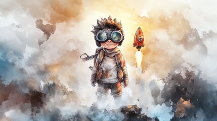 Embark on a Magical Sky Adventure: Child Flying a Toy Rocket Surrounded by Golden Clouds at Sunset &ndash; Perfect as a Whimsical Poster for Kids' Rooms or Play Areas!