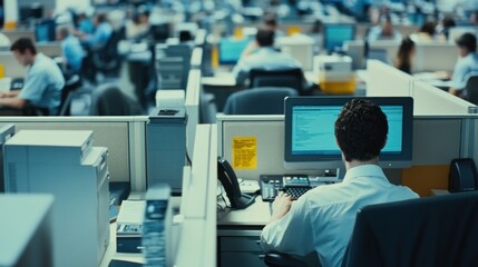 Busy office workers at cubicles, focused on computers.