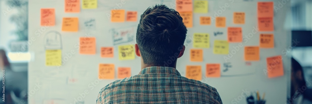 Poster a dedicated person focused on goal setting and planning, gazing at a wall full of colorful sticky no
