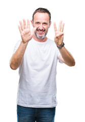 Naklejka premium Middle age hoary senior man wearing white t-shirt over isolated background showing and pointing up with fingers number eight while smiling confident and happy.