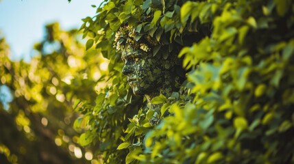A statue of a person camouflaged by lush greenery,profile view, with flowers on head.