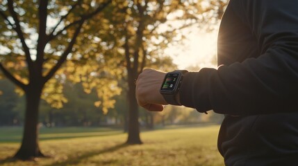 Fototapeta premium Man wearing fitness tracker watches outdoors during a morning run. Sunlight shines through trees.
