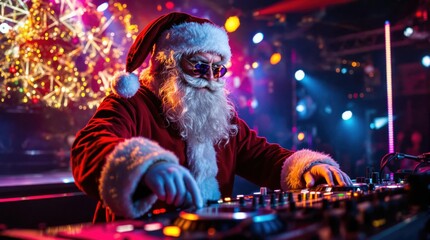Fototapeta premium Santa Claus spreading holiday cheer with a joyful smile under sparkling festive lights, embodying the magic and spirit of Christmas celebrations.