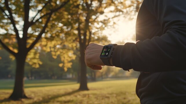 Man wearing fitness tracker watches outdoors during a morning run. Sunlight shines through trees.