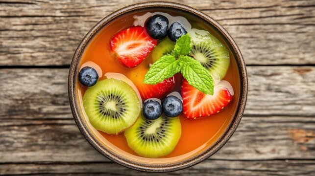 Fruit dessert in a bowl on a wooden table.