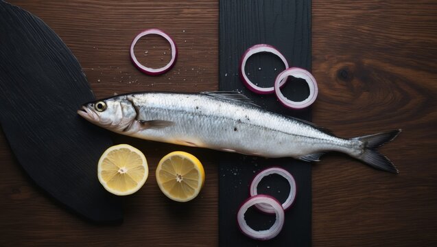 Herring Fillet - Fresh Seafood with Red Onion and Lemon on Black Wooden Background