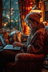 A woman sits in a chair using a laptop computer