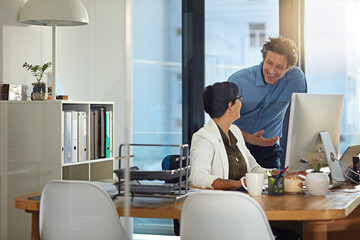 Computer, coaching team and happy business people with mentor for help with sales budget in office....