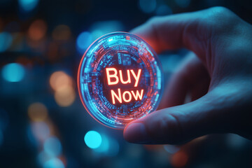 Fototapeta premium Holding a glowing digital button in a vibrant online shopping environment